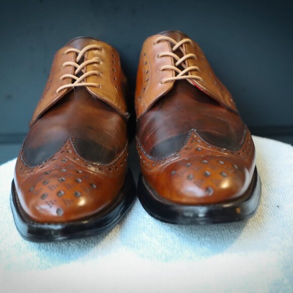 SALE - Jeffery-West 8-D US Brown Mens Wingtip Burnished Oxford Dress Shoes - Picture 3 of 15